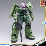 Ohtani Model 大谷模型 Juggernaut-DG01 无畏战士 MS-06 Zaku II Premium Metal Build Structure Action Figure Model Toy VCA Gundam Singapore MetalMFigure 1/100 scale diorama figure of the Juggernaut mecha in olive green armor with black and gray weapon details, shown on a gray studio background with product badge graphics and branding.