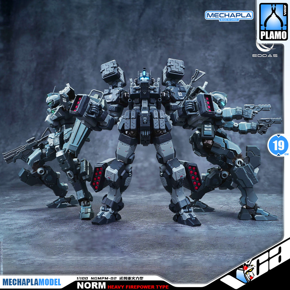 Eddas 伊达斯科技 Norm - Heavy Firepower Type 诺姆重火力型 Metal Build GM Action Figure Model Toy Kit VCA Gundam Singapore Three assembled mecha figures in a battle stance, featuring a central dark gray and black robot flanked by two smaller gray and teal robots. The image includes branding overlays for 'MECHAPLAMODEL' and 'PLAMO' on a textured gray background.