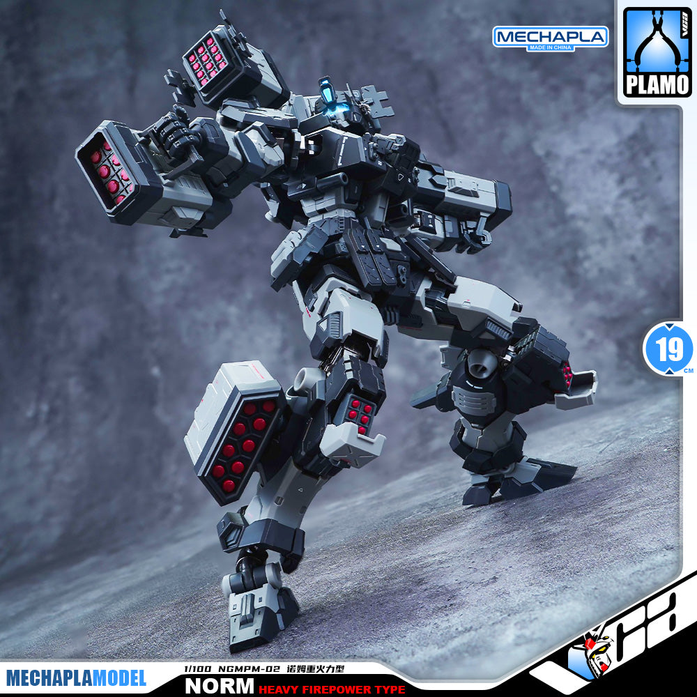 Eddas 伊达斯科技 Norm - Heavy Firepower Type 诺姆重火力型 Metal Build GM Action Figure Model Toy Kit VCA Gundam Singapore A detailed product display of the MechaPlamodel Norm Heavy Firepower Type plastic model kit, shown in a dynamic combat pose against a gray, rocky backdrop. The image includes official branding and packaging elements for MechaPlamodel and Plamo.