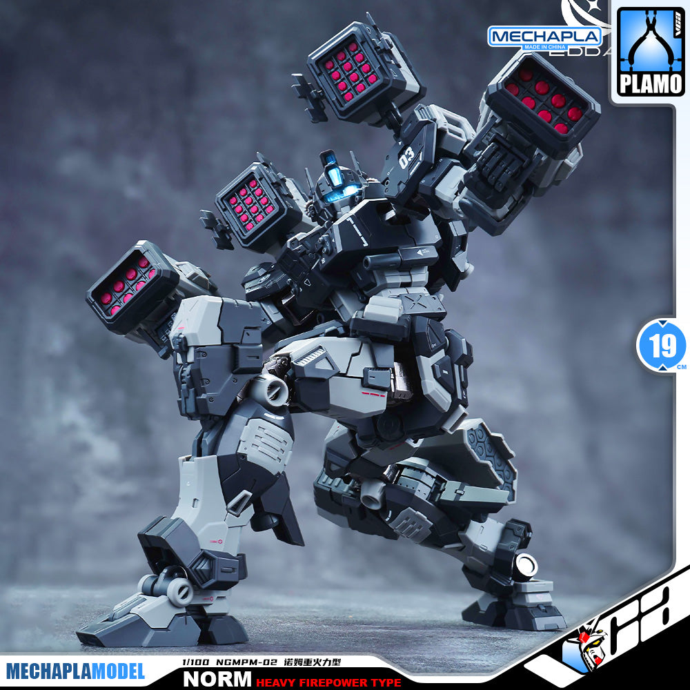 Eddas 伊达斯科技 Norm - Heavy Firepower Type 诺姆重火力型 Metal Build GM Action Figure Model Toy Kit VCA Gundam Singapore A highly detailed MECHAPLAMODEL toy model of the Norm Heavy Firepower Type mecha, shown in a dynamic pose with its three massive shoulder-mounted fire guns raised. The mecha features a dark gray and black armor plating with light gray panels and glowing red weapon screens.