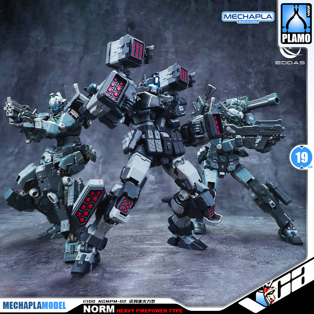 Eddas 伊达斯科技 Norm - Heavy Firepower Type 诺姆重火力型 Metal Build GM Action Figure Model Toy Kit VCA Gundam Singapore Three assembled MECHAPLA Model Norm Heavy Firepower Type mecha figures posed together against a smoky gray studio backdrop. The figures are primarily black, gray, and white with red illuminated weapon panels and blue-gray accents.