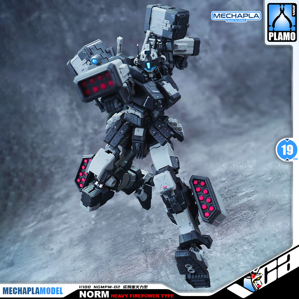 Eddas 伊达斯科技 Norm - Heavy Firepower Type 诺姆重火力型 Metal Build GM Action Figure Model Toy Kit VCA Gundam Singapore A detailed collectible model of a mobile mecha robot in a dynamic pose, featuring a dark gray and white body with glowing red weapon panels and blue eyes. The image includes branding logos for Mechapla Model and Plamo on a stylized gray background.