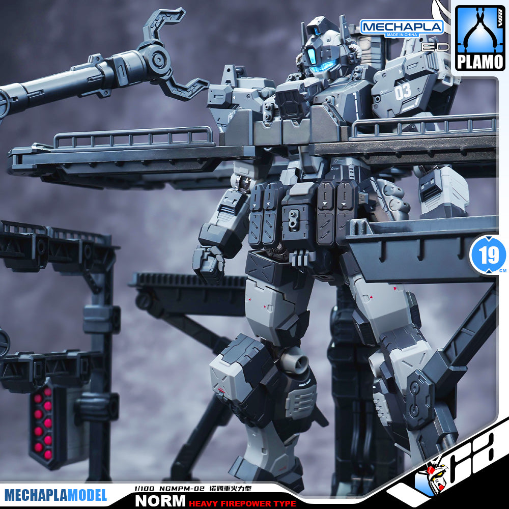 Eddas 伊达斯科技 Norm - Heavy Firepower Type 诺姆重火力型 Metal Build GM Action Figure Model Toy Kit VCA Gundam Singapore A detailed model kit of the MechaPlam Model Norm Heavy Firepower Type mecha, shown in a dynamic pose holding a large gun. The model is primarily gray and black with small red markings and blue accents on the eyes and weapon.