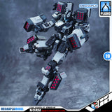 Eddas 伊达斯科技 Norm - Heavy Firepower Type 诺姆重火力型 Metal Build GM Action Figure Model Toy Kit VCA Gundam Singapore A detailed 1/100 scale model robot mecha, identified as Mechapla Model's Norm Heavy Firepower Type, shown in a dynamic combat pose against a smoky gray background. The model features a color scheme of white, black, and gray armor plating with glowing red weapon panels.