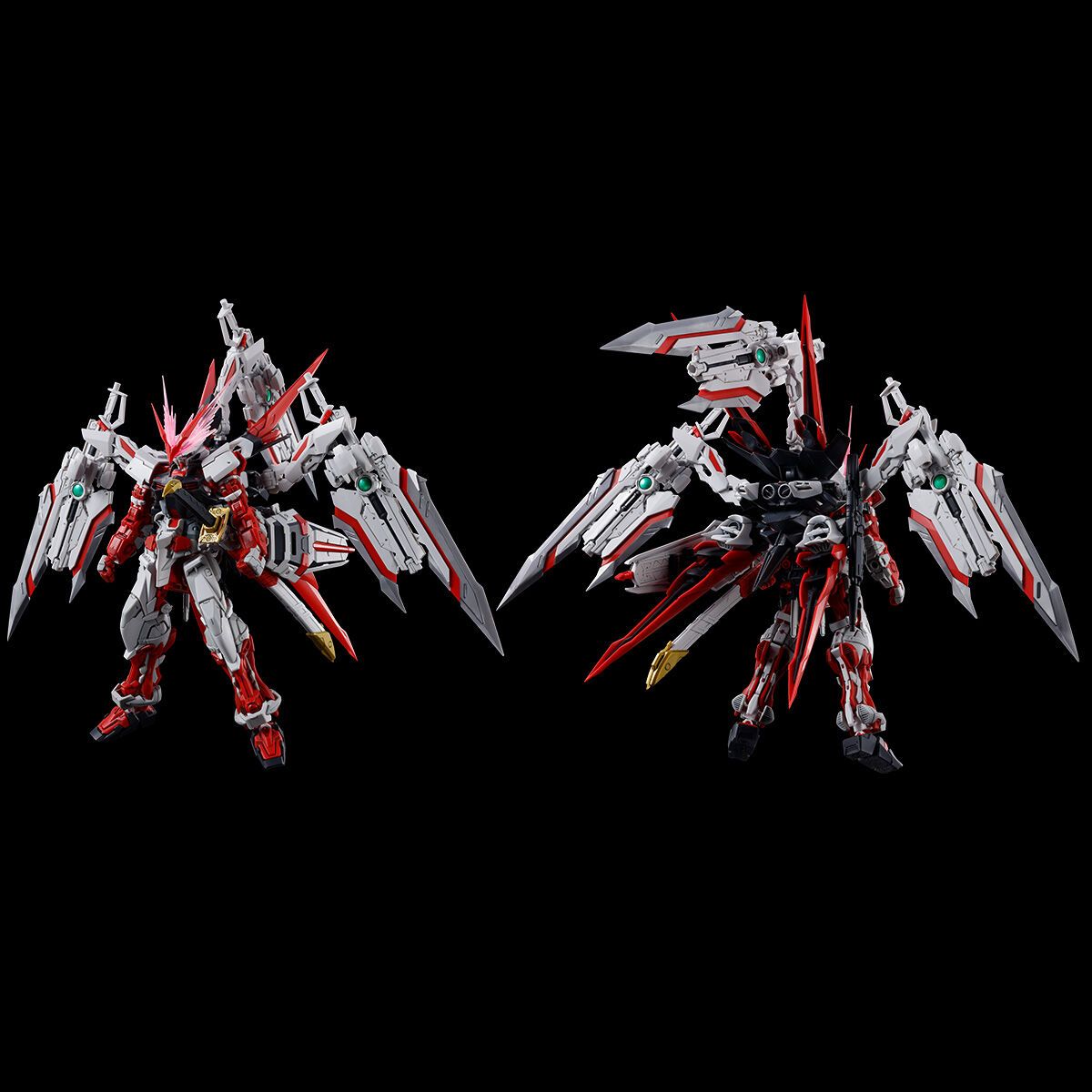 Premium Bandai Gunpla Real Grade 1/144 RG Gundam Astray Red Dragon Action Figure Model Toy Kit VCA Singapore Two robot models in a dynamic pose on a black background
