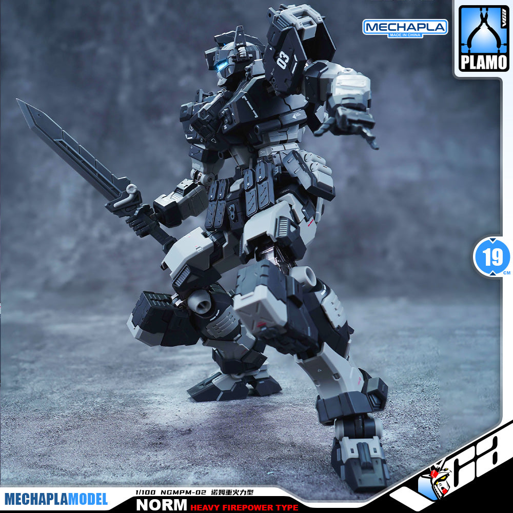 Eddas 伊达斯科技 Norm - Heavy Firepower Type 诺姆重火力型 Metal Build GM Action Figure Model Toy Kit VCA Gundam Singapore A detailed sci-fi mecha robot model posed dynamically in a combat stance, holding a large sword. The figure is primarily gray and black with white accents, set against a smoky gray background.