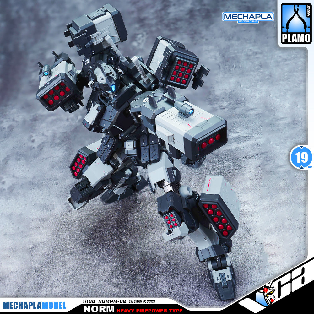 Eddas 伊达斯科技 Norm - Heavy Firepower Type 诺姆重火力型 Metal Build GM Action Figure Model Toy Kit VCA Gundam Singapore A detailed MECHAPLA Model Norm Heavy Firepower Type mecha figure, featuring a gray and black body with red laser cannons, posed on a textured gray background. Brand logos for MECHAPLA and Plamo are visible in the top right, and product text overlays are present at the bottom.
