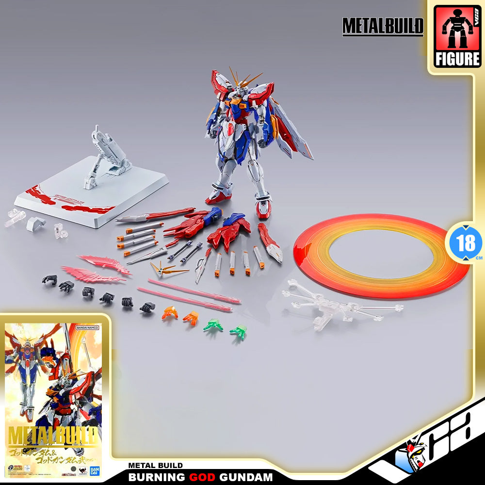 Metal Build Gundam figure set displayed on a gray background with accessories, a display base, interchangeable hands, and a box insert shown in the lower left corner.