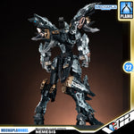 Infinite Dimension 无限新星 In Era+ RMD Nemesis 复仇女神 机械透明 Mechanical Clear Version Master Grade MG Plastic Model Action Figure Toy Kit VCA Gundam Singapore A highly detailed mech robot model standing in a dynamic pose against a dark gradient background. The model is primarily black and silver with gold accents, featuring intricate mechanical details.