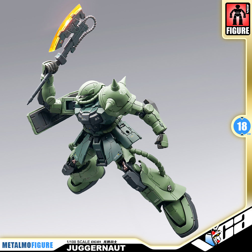 Ohtani Model 大谷模型 Juggernaut-DG01 无畏战士 MS-06 Zaku II Premium Metal Build Structure Action Figure Model Toy VCA Gundam Singapore MetalMFigure 1/100 scale diorama figure of the Juggernaut from Gundam, shown in a dynamic flying pose with a glowing orange weapon against a gray gradient background with product badges.