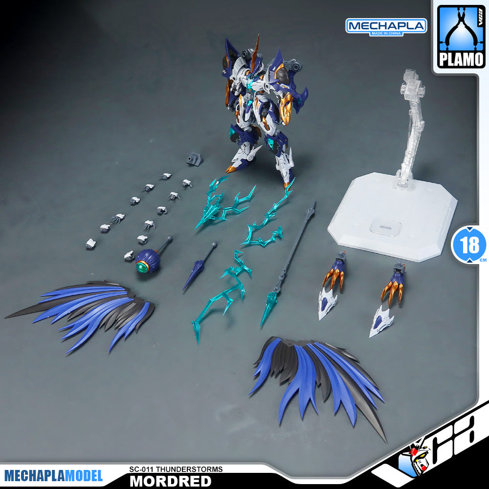 SNAA SC-011 Thunderstorms Mordred The Round Table Knight Action Figure Model Toy Kit VCA Gundam Singapore Mechapla Model SC-011 Thunderstorms Mordred action figure set displayed with accessories on a dark gray background, including multiple weapon pieces, accessory heads, and a clear stand.
