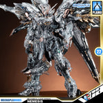 Infinite Dimension 无限新星 In Era+ RMD Nemesis 复仇女神 机械透明 Mechanical Clear Version Master Grade MG Plastic Model Action Figure Toy Kit VCA Gundam Singapore A highly detailed collectible model of the Nemesis mecha from Gundam, featuring a transparent, crystalline mechanical design. The model is shown in a dynamic pose against a dark brown gradient background, with various brand logos and text overlays visible on the borders of the image.