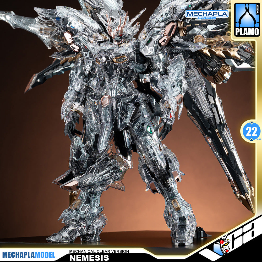 Infinite Dimension 无限新星 In Era+ RMD Nemesis 复仇女神 机械透明 Mechanical Clear Version Master Grade MG Plastic Model Action Figure Toy Kit VCA Gundam Singapore A highly detailed collectible model of the Nemesis mecha from Gundam, featuring a transparent, crystalline mechanical design. The model is shown in a dynamic pose against a dark brown gradient background, with various brand logos and text overlays visible on the borders of the image.
