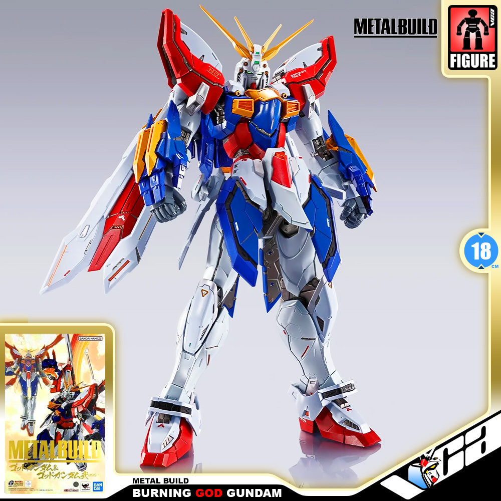 Metal Build Burning God Gundam figure in a dynamic standing pose, featuring a white, blue, and red color scheme with gold accents, set against a light gray gradient background with product branding and logos.