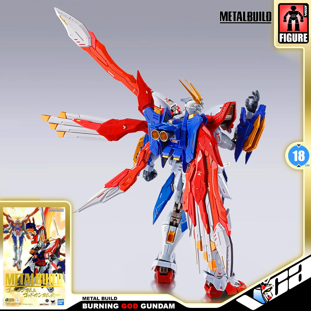 Metal Build Burning God Gundam figure in a dynamic pose, featuring a white, blue, and red color scheme with large wing-like accessories. The image includes Metal Build branding, a figure count badge showing 18, and a product box insert in the bottom left corner.