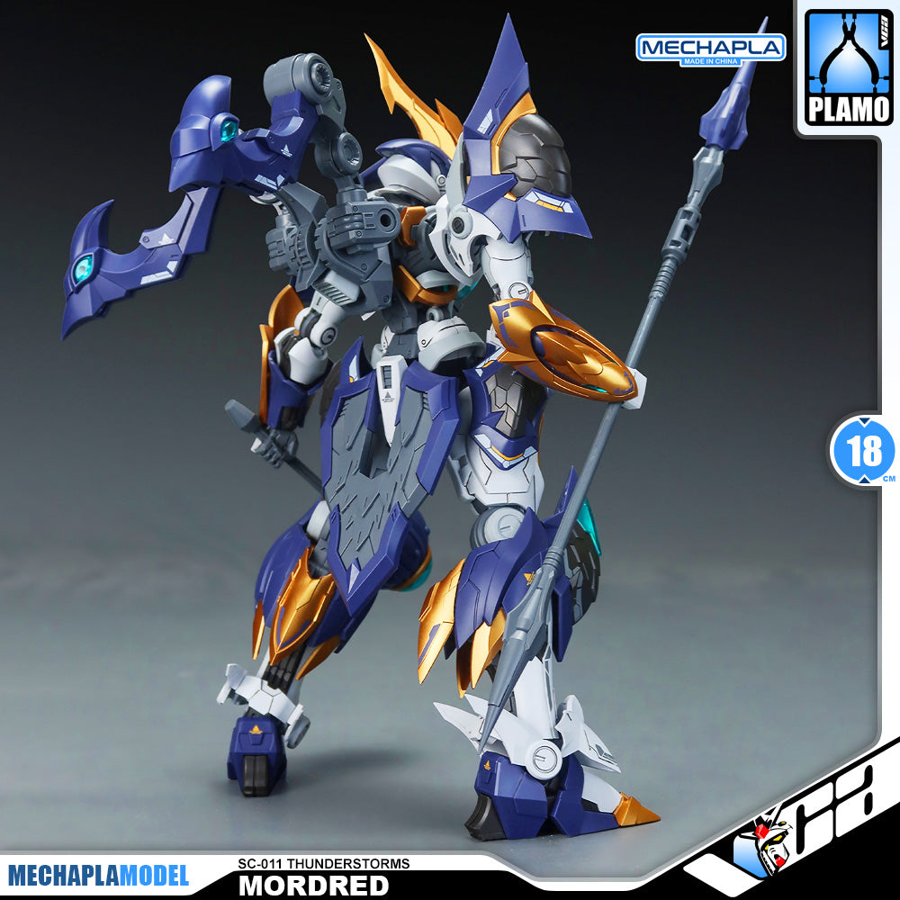 SNAA SC-011 Thunderstorms Mordred The Round Table Knight Action Figure Model Toy Kit VCA Gundam Singapore A detailed mecha model figure named Mordred from Mechapla Model, featuring blue, white, and gold armor, holding a spear, with branding logos for Mechapla and Plamo on a dark gray background.
