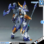 SNAA SC-011 Thunderstorms Mordred The Round Table Knight Action Figure Model Toy Kit VCA Gundam Singapore A detailed mecha model figure named Mordred from Mechapla Model, featuring blue, white, and gold armor, holding a spear, with branding logos for Mechapla and Plamo on a dark gray background.