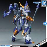 SNAA SC-011 Thunderstorms Mordred The Round Table Knight Action Figure Model Toy Kit VCA Gundam Singapore A detailed mecha model figure named Mordred from Mechapla Model, featuring blue, white, and gold armor, holding a spear, with branding logos for Mechapla and Plamo on a dark gray background.