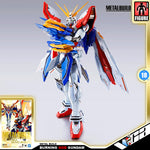 Metal Build Burning God Gundam figure model shown in a clean studio-style render on a light gray background, with product branding and edition callouts visible around the image.