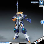 SNAA SC-011 Thunderstorms Mordred The Round Table Knight Action Figure Model Toy Kit VCA Gundam Singapore A detailed mecha figurine of Mordred from Mechapla Model, featuring a white and blue armored body with orange accents and a tall spear, set against a dark studio background with brand logos.