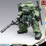 Ohtani Model 大谷模型 Juggernaut-DG01 无畏战士 MS-06 Zaku II Premium Metal Build Structure Action Figure Model Toy VCA Gundam Singapore Metalmo Figure Juggernaut 1/100 scale mini-figures, featuring a green and gray mecha robot with a large mounted gun and accessories, shown on a gray gradient background with product branding overlays.