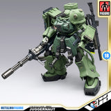 Ohtani Model 大谷模型 Juggernaut-DG01 无畏战士 MS-06 Zaku II Premium Metal Build Structure Action Figure Model Toy VCA Gundam Singapore Metalmo Figure Juggernaut 1/100 scale mini-figures, featuring a green and gray mecha robot with a large mounted gun and accessories, shown on a gray gradient background with product branding overlays.