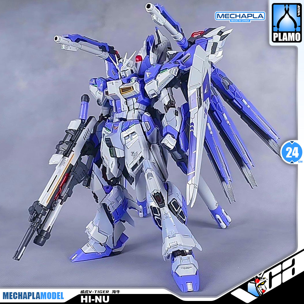 V-Tiger 威虎牛战士 RX-93-v2 Hi-Nu Master Grade MG Metal Build Structure Model Action Figure Kit VCA Gundam Singapore A highly detailed plastic model kit of the Hi-Nu Gundam from MechaPGZ, featuring a blue and white color scheme with multiple weapon attachments and a large backpack shield, shown on a gray background with brand logos.