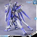 V-Tiger 威虎牛战士 RX-93-v2 Hi-Nu Master Grade MG Metal Build Structure Model Action Figure Kit VCA Gundam Singapore A detailed model kit of the Hi-Nu Gundam from MechaPlamodel, featuring a blue and white color scheme with purple accents, shown in a dynamic pose with its large winged backpack deployed against a gray studio background.