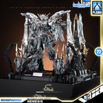Infinite Dimension 无限新星 In Era+ RMD Nemesis 复仇女神 机械透明 Mechanical Clear Version Master Grade MG Plastic Model Action Figure Toy Kit VCA Gundam Singapore A highly detailed clear acrylic Gundam NEMESIS mecha statue on a black display base, surrounded by sharp crystal-like structures and mechanical arms. The image includes promotional overlays for Mechapla and Plamo brands.