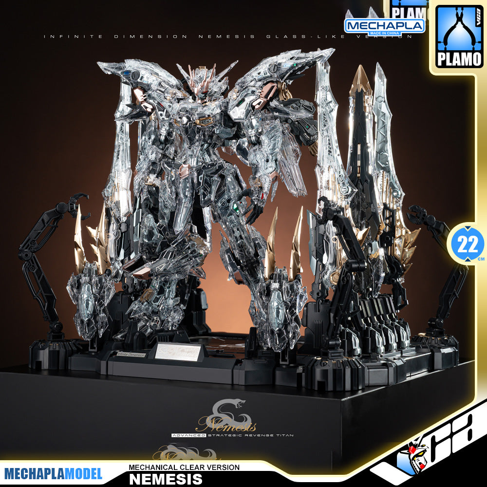 Infinite Dimension 无限新星 In Era+ RMD Nemesis 复仇女神 机械透明 Mechanical Clear Version Master Grade MG Plastic Model Action Figure Toy Kit VCA Gundam Singapore A highly detailed clear acrylic Gundam NEMESIS mecha statue on a black display base, surrounded by sharp crystal-like structures and mechanical arms. The image includes promotional overlays for Mechapla and Plamo brands.