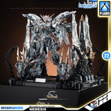 Infinite Dimension 无限新星 In Era+ RMD Nemesis 复仇女神 机械透明 Mechanical Clear Version Master Grade MG Plastic Model Action Figure Toy Kit VCA Gundam Singapore A highly detailed clear acrylic Gundam NEMESIS mecha statue on a black display base, surrounded by sharp crystal-like structures and mechanical arms. The image includes promotional overlays for Mechapla and Plamo brands.
