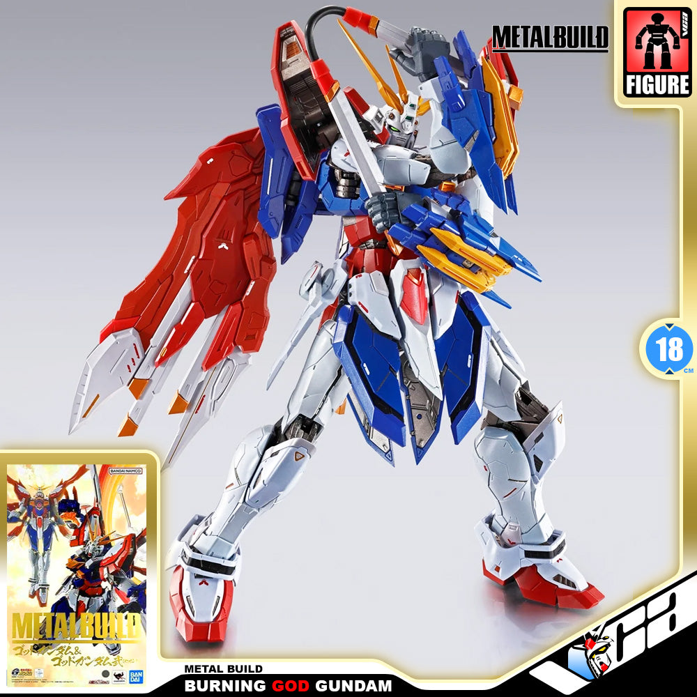 Metal Build Burning God Gundam figure in a dynamic pose, featuring a white, blue, and red color scheme with gold accents, set against a light gray background with product branding and packaging graphics.