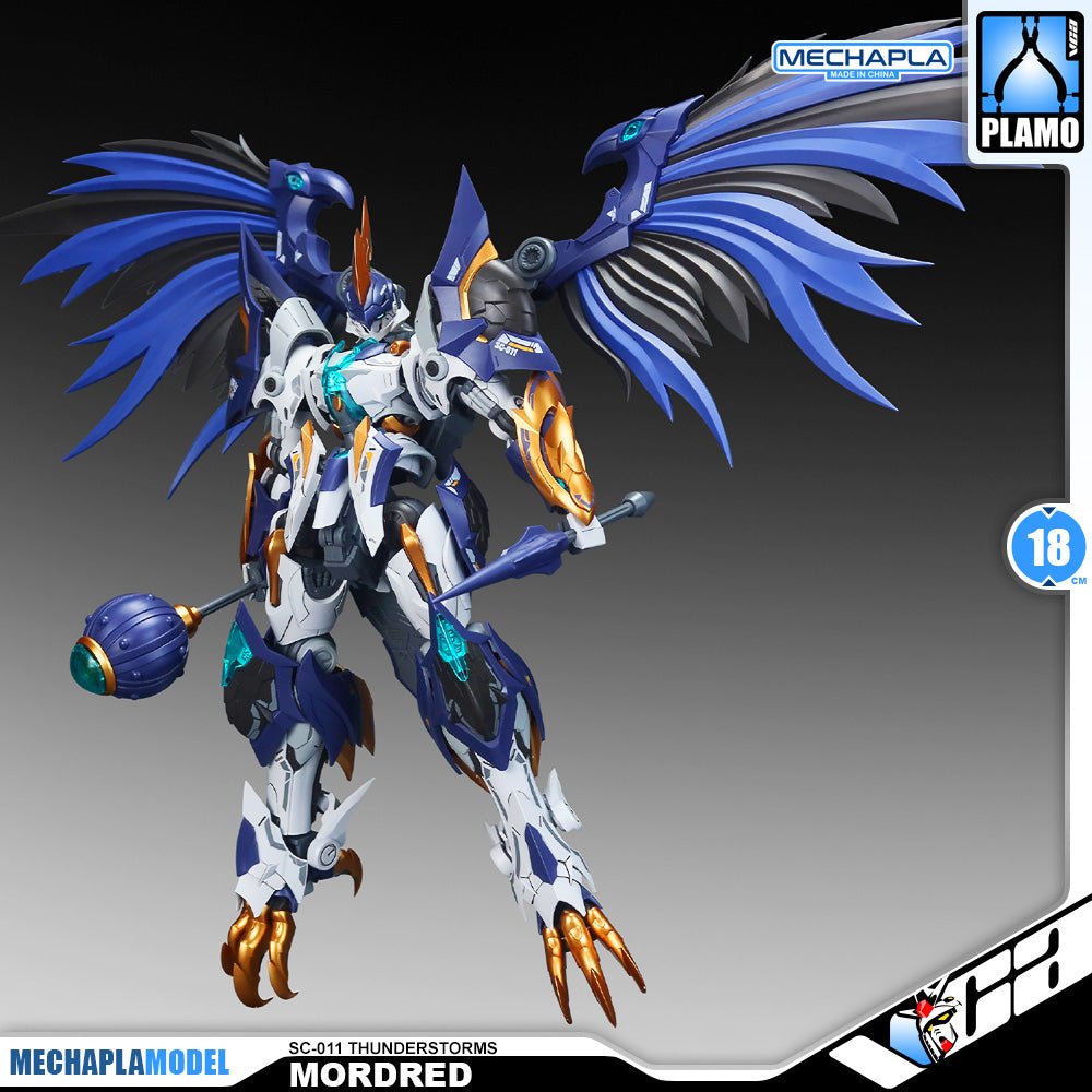 SNAA SC-011 Thunderstorms Mordred The Round Table Knight Action Figure Model Toy Kit VCA Gundam Singapore A detailed mecha model figure of Mordred from Mechapla Model, featuring blue and white armor with gold accents, large wings, and a mace, shown on a dark gradient background with brand logos.