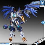 SNAA SC-011 Thunderstorms Mordred The Round Table Knight Action Figure Model Toy Kit VCA Gundam Singapore A detailed mecha model figure of Mordred from Mechapla Model, featuring blue and white armor with gold accents, large wings, and a mace, shown on a dark gradient background with brand logos.