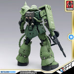 Ohtani Model 大谷模型 Juggernaut-DG01 无畏战士 MS-06 Zaku II Premium Metal Build Structure Action Figure Model Toy VCA Gundam Singapore MetalMF Figure 1/100 scale diorama figure of the Juggernaut mecha in olive green and black, shown from a rear three-quarter angle holding a rifle, on a gray gradient background with product info overlays.