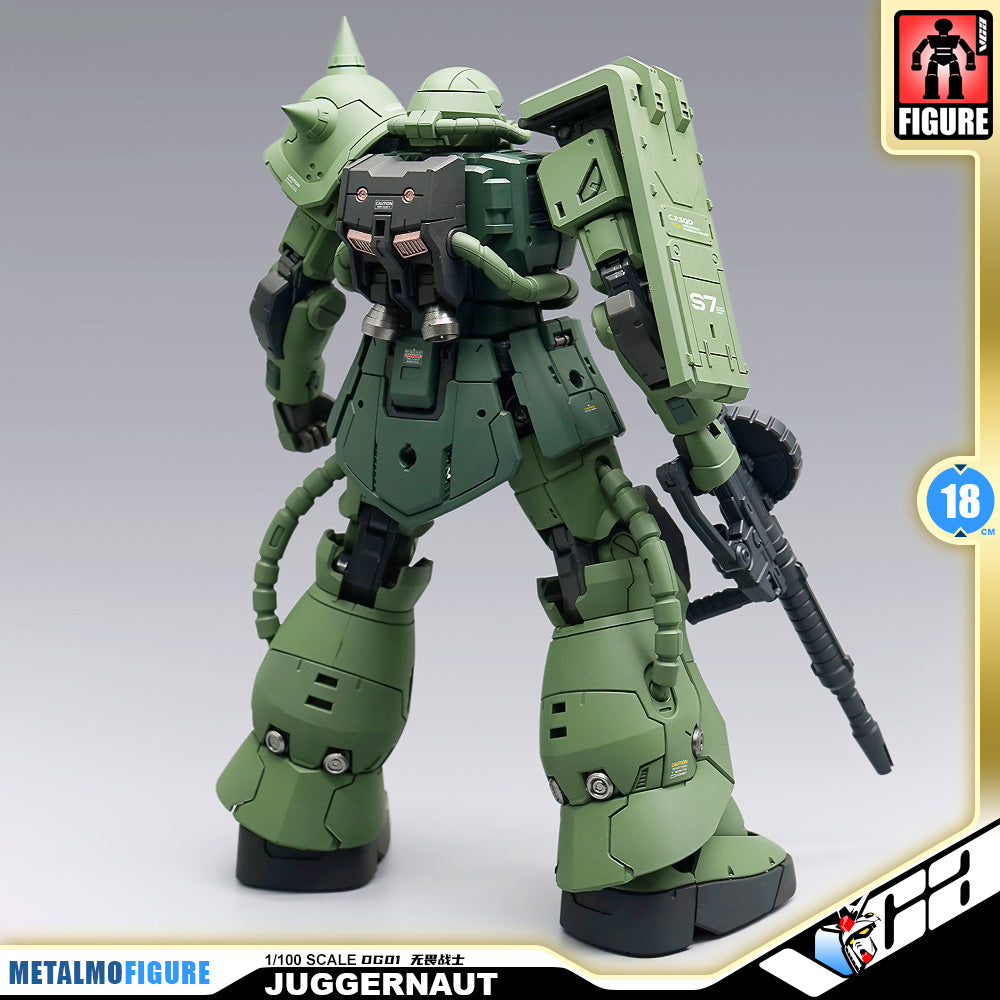 Ohtani Model 大谷模型 Juggernaut-DG01 无畏战士 MS-06 Zaku II Premium Metal Build Structure Action Figure Model Toy VCA Gundam Singapore MetalMF Figure 1/100 scale diorama figure of the Juggernaut mecha in olive green and black, shown from a rear three-quarter angle holding a rifle, on a gray gradient background with product info overlays.
