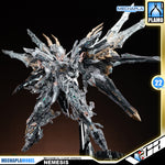 Infinite Dimension 无限新星 In Era+ RMD Nemesis 复仇女神 机械透明 Mechanical Clear Version Master Grade MG Plastic Model Action Figure Toy Kit VCA Gundam Singapore A highly detailed sci-fi mecha model labeled 'NEMESIS' from Mechapla Model, shown in a transparent/clear version with metallic silver and dark gray armor, gold accents, and green eyes. The image features promotional overlays including 'MECHAPLA PLAMO' and a '22' badge on a dark gradient background.