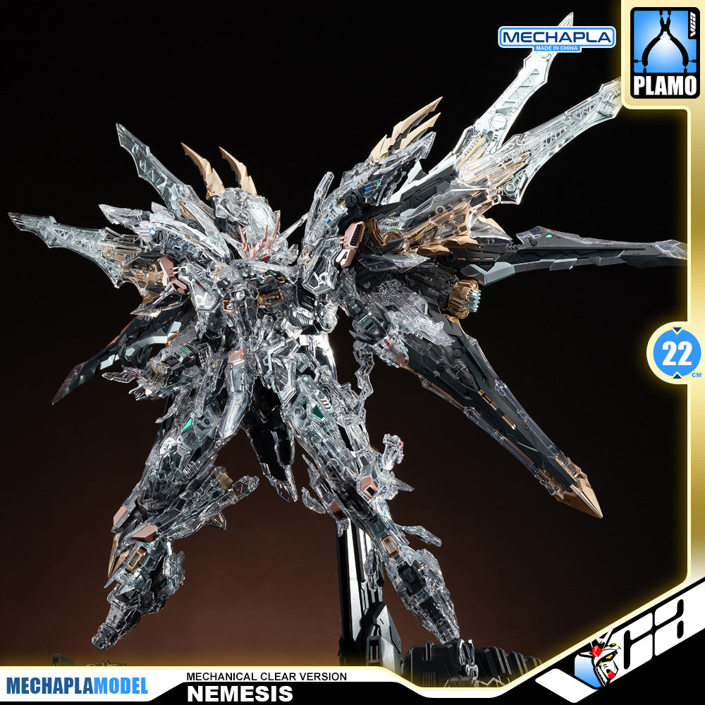 Infinite Dimension 无限新星 In Era+ RMD Nemesis 复仇女神 机械透明 Mechanical Clear Version Master Grade MG Plastic Model Action Figure Toy Kit VCA Gundam Singapore A highly detailed sci-fi mecha model labeled 'NEMESIS' from Mechapla Model, shown in a transparent/clear version with metallic silver and dark gray armor, gold accents, and green eyes. The image features promotional overlays including 'MECHAPLA PLAMO' and a '22' badge on a dark gradient background.