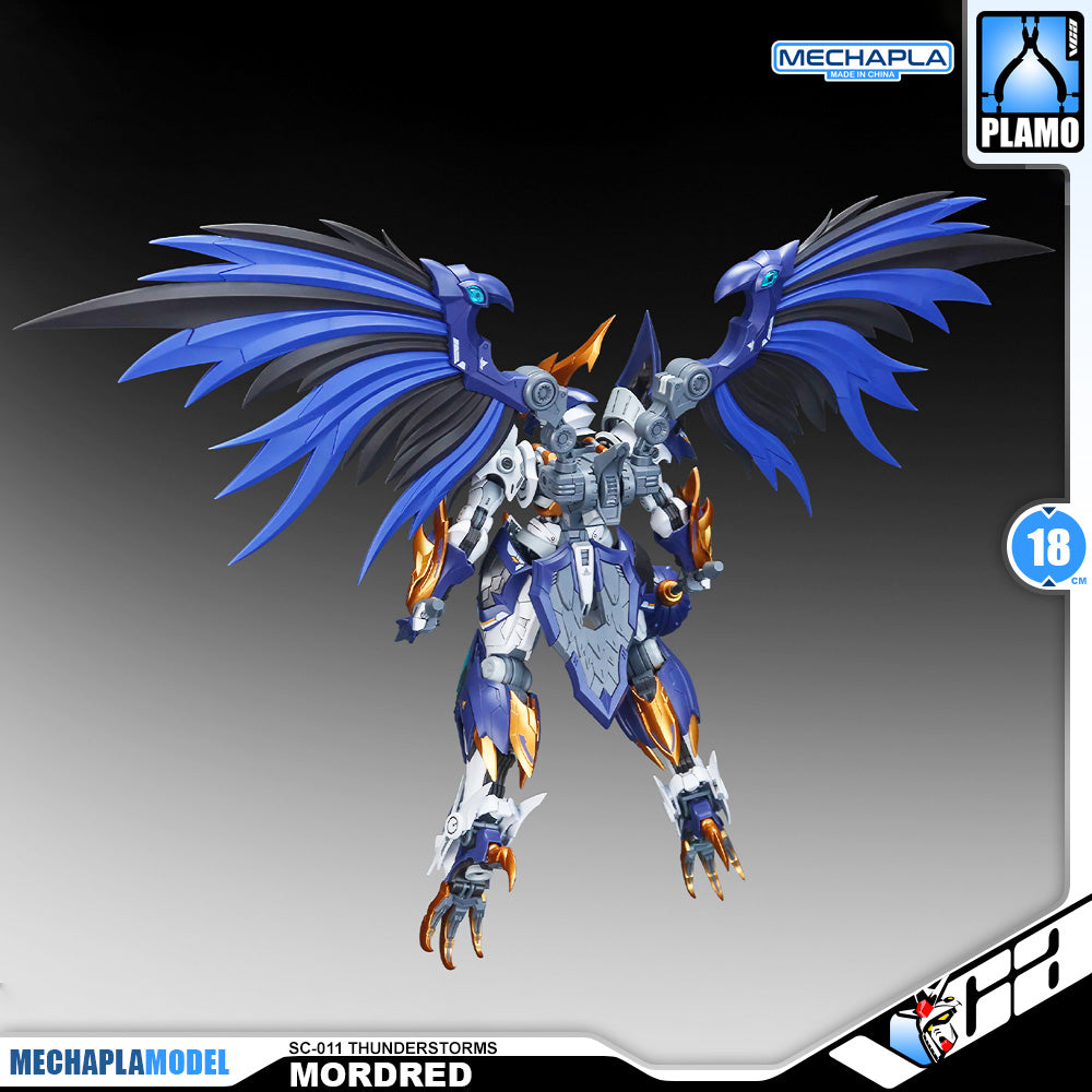 SNAA SC-011 Thunderstorms Mordred The Round Table Knight Action Figure Model Toy Kit VCA Gundam Singapore A blue and white mecha bird model with large spread wings, shown on a dark gradient background with Mechapla branding and product text.