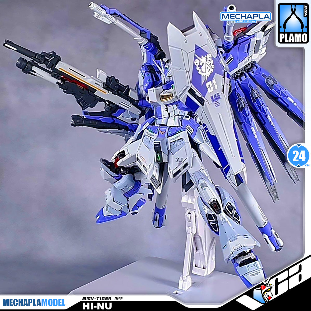 V-Tiger 威虎牛战士 RX-93-v2 Hi-Nu Master Grade MG Metal Build Structure Model Action Figure Kit VCA Gundam Singapore A detailed model kit of the Hi-Nu Gundam from MechaPla Model, featuring a blue and white color scheme with multiple weapons and a wing-like accessory, shown on a gray background with product branding overlays.