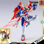 Metal Build Burning God Gundam figure in a dynamic pose, holding a large pink and red sword. The figure features a white, blue, and red color scheme with gold accents.