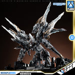 Infinite Dimension 无限新星 In Era+ RMD Nemesis 复仇女神 机械透明 Mechanical Clear Version Master Grade MG Plastic Model Action Figure Toy Kit VCA Gundam Singapore A highly detailed collectible model of the Mechapla Model Nemesis in its clear, glass-like version, displayed on a black base against a dark gradient background. The image features various brand logos and text overlays.
