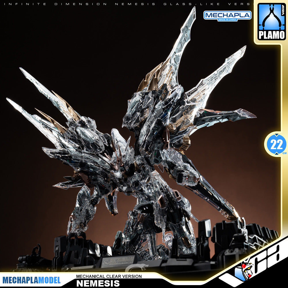 Infinite Dimension 无限新星 In Era+ RMD Nemesis 复仇女神 机械透明 Mechanical Clear Version Master Grade MG Plastic Model Action Figure Toy Kit VCA Gundam Singapore A highly detailed collectible model of the Mechapla Model Nemesis in its clear, glass-like version, displayed on a black base against a dark gradient background. The image features various brand logos and text overlays.