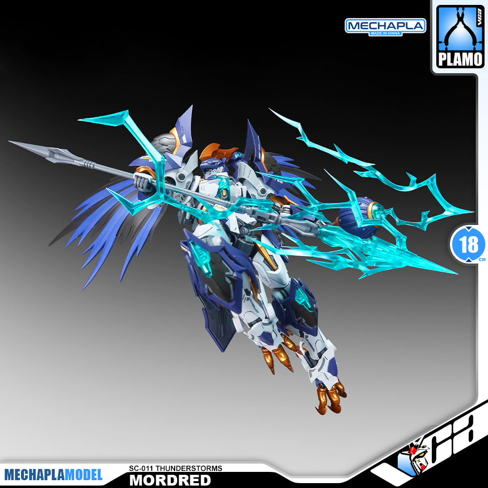 SNAA SC-011 Thunderstorms Mordred The Round Table Knight Action Figure Model Toy Kit VCA Gundam Singapore A high-quality product render of the MECHAPLAMODEL Mordred SC-011 The Thunderstorms mecha, featuring a white and blue body with glowing cyan energy blades and orange accents, set against a dark gray gradient background with brand logos.