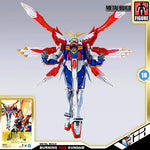 Metal Build Burning God Gundam figure shown in a dynamic pose with large red and white wing-like structures, on a light gray background with product branding and packaging graphics.