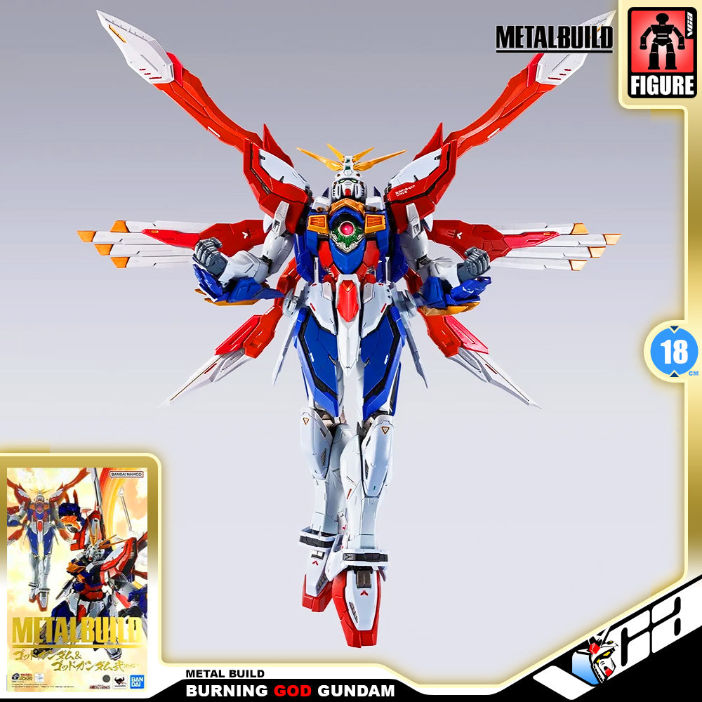 Metal Build Burning God Gundam figure shown in a dynamic pose with large red and white wing-like structures, on a light gray background with product branding and packaging graphics.