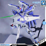 V-Tiger 威虎牛战士 RX-93-v2 Hi-Nu Master Grade MG Metal Build Structure Model Action Figure Kit VCA Gundam Singapore A detailed model kit of the Mechapla Hi-Nu Gundam, featuring a white and blue color scheme with various weapon attachments, displayed on a stand against a gray background.