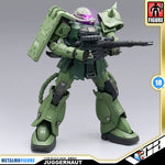 Ohtani Model 大谷模型 Juggernaut-DG01 无畏战士 MS-06 Zaku II Premium Metal Build Structure Action Figure Model Toy VCA Gundam Singapore MetalMF Figure 1/100 scale diorama figure of Juggernaut in olive green armor with a glowing purple visor and black rifle, shown on a gray studio background with product badges.