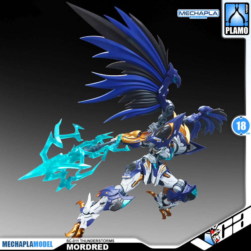 SNAA SC-011 Thunderstorms Mordred The Round Table Knight Action Figure Model Toy Kit VCA Gundam Singapore A detailed product display of the Mechapla Model SC-01 Thunderstorms Mordred mecha figure, featuring blue and black wings, a cyan energy sword, and white and blue armor, set against a dark gray gradient background with brand logos.