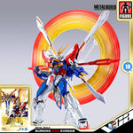 Metal Build Figure Burning God Gundam 18-inch collectible figure shown on a gray background with a red and yellow circular energy effect, plus Metal Build branding and figure count graphics.